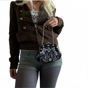 Vintage Style Black Satin Beaded Clutch Handbag Floral Design w/ Crossbody Chain